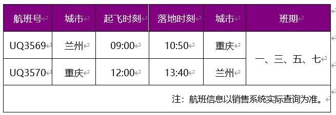 乌鲁木齐航空计划于8月19日开通兰州=重庆航线