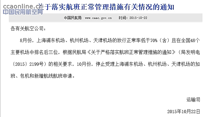 上海浦东杭州天津三机场因正点率最低受罚