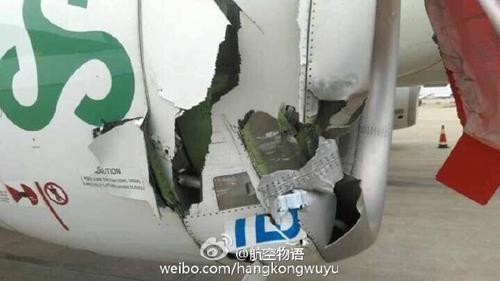 春秋航空一飞台北客机在浦东机场与拖车碰擦