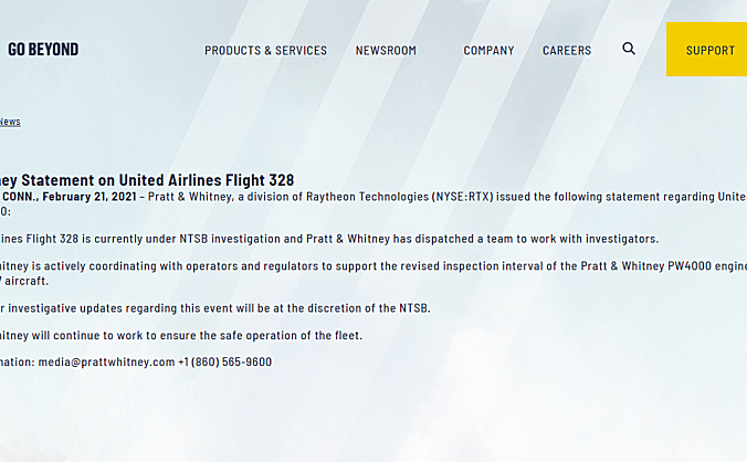 普惠公司就美联航波音777客机引擎故障发布声明：正配合调查