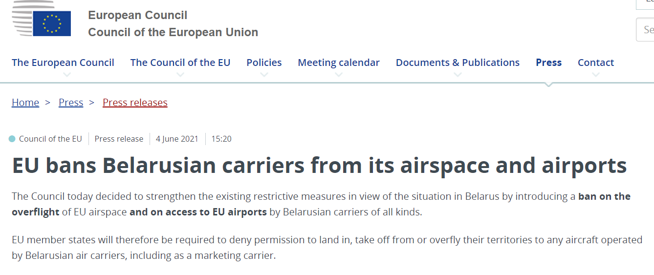 欧盟：正式禁止白俄罗斯航空公司进入其领空，6月4日午夜实施