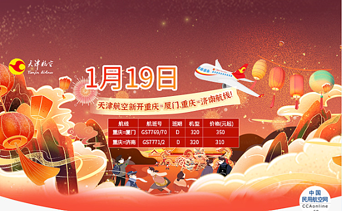 天津航空西南区域将于1月19日起新开重庆至厦门、济南航线