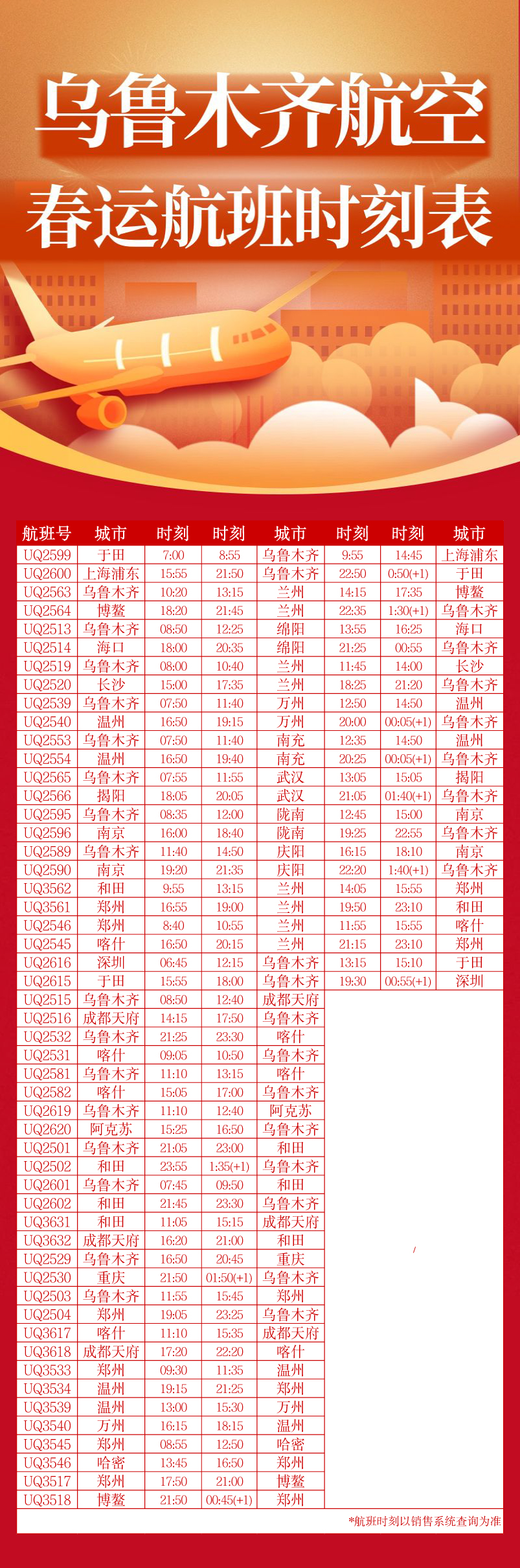 2023年春运 海航航空旗下乌鲁木齐航空计划执行航班2320班次