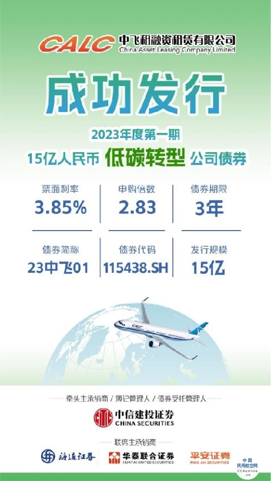 中国飞机租赁旗下中飞租（天津）成功发行2023年首单低碳转型公司债，录得近3倍申购倍数