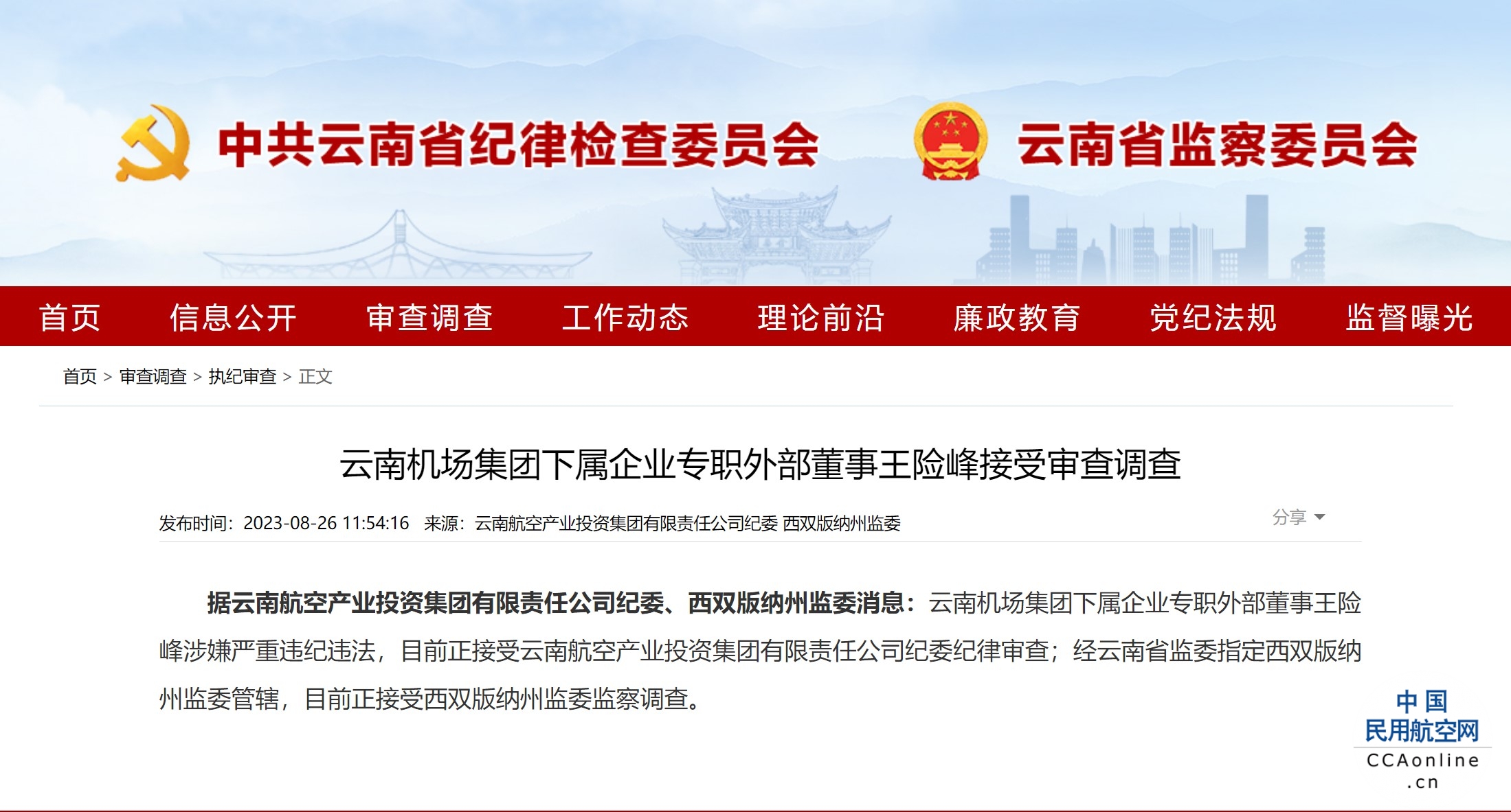 云南机场集团下属企业专职外部董事王险峰接受审查调查
