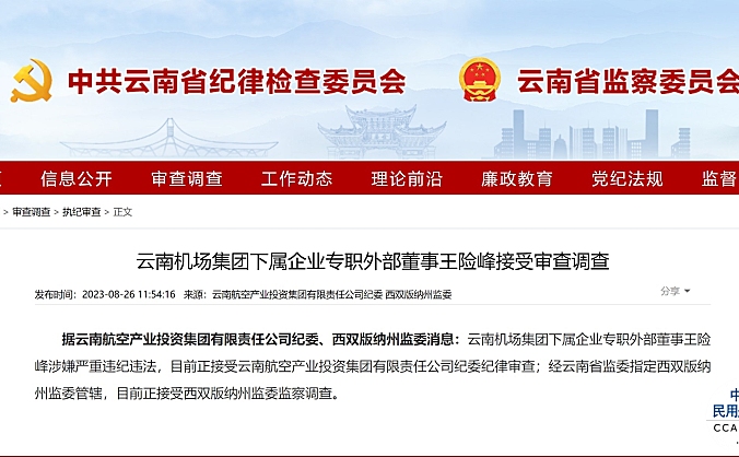 云南机场集团下属企业专职外部董事王险峰接受审查调查