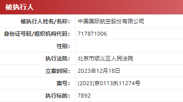 国航回应 | 中国国航被列为“被执行人”，被执行金额7892.0元