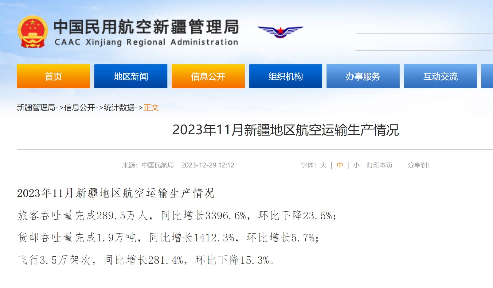 2023年11月新疆地区航空运输生产情况