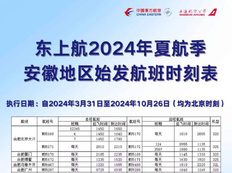 东航发布2024夏航季在皖航班计划