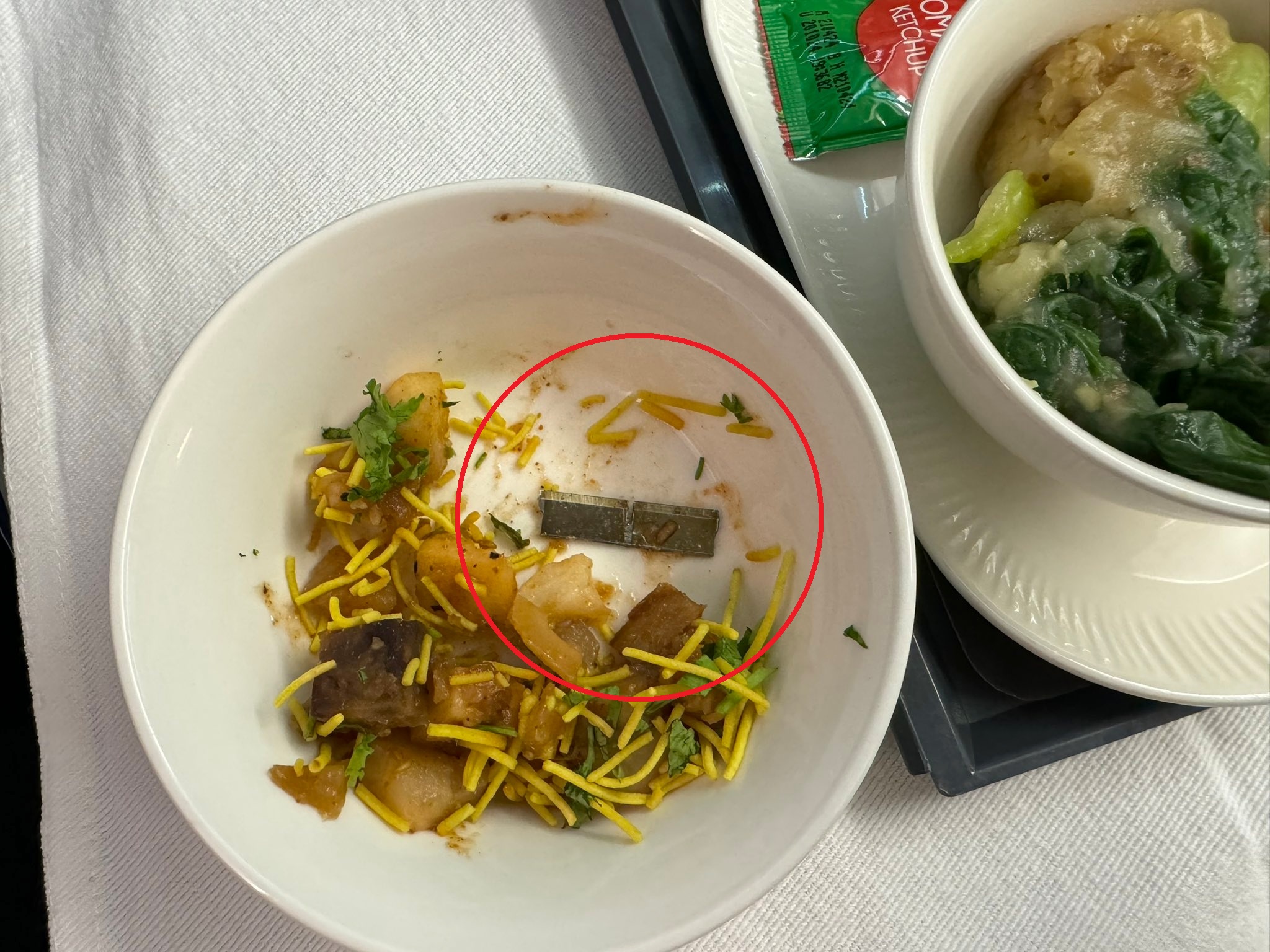 惊悚！一乘客在飞机餐中吃出刀片，航司回应
