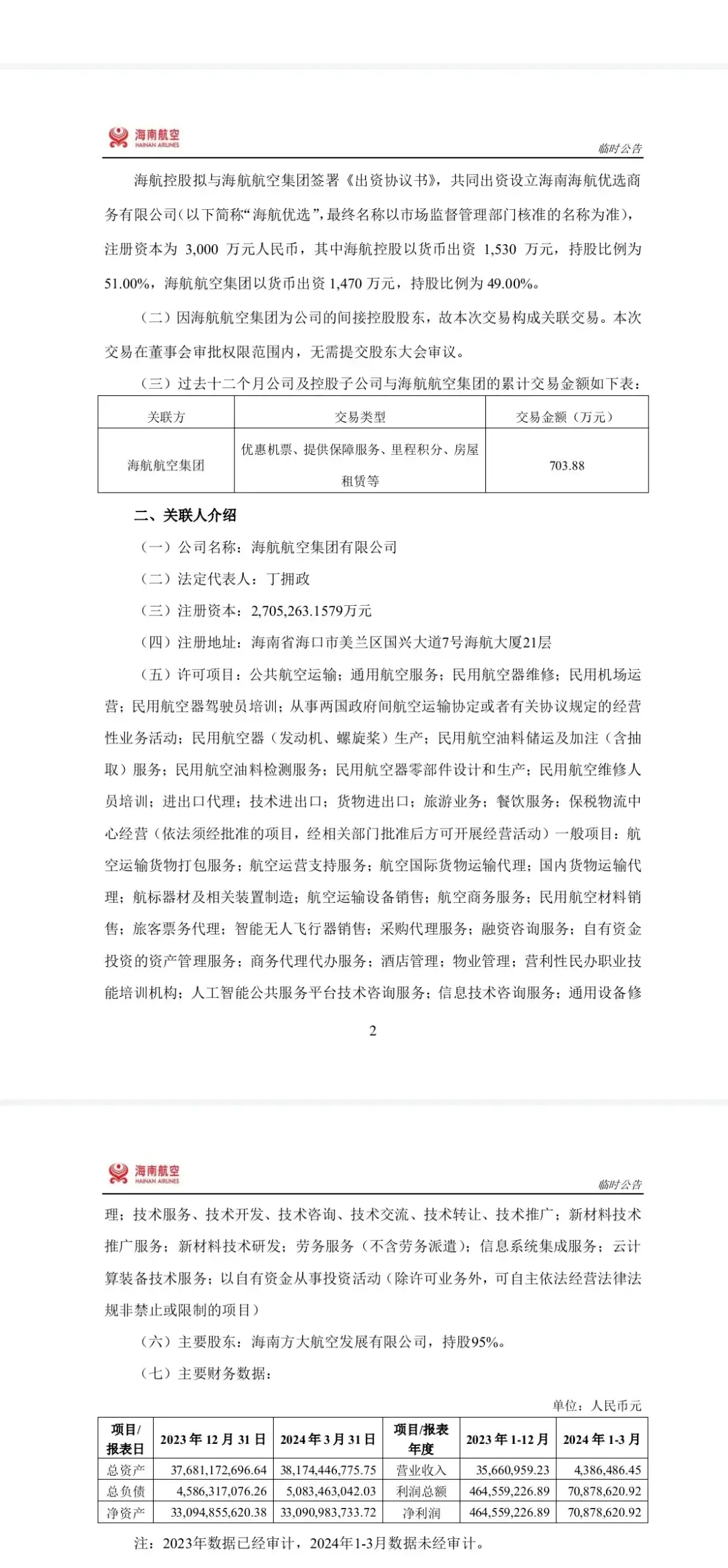 海航控股：擬與海航航空集團共同出資設立海航優選合資公司