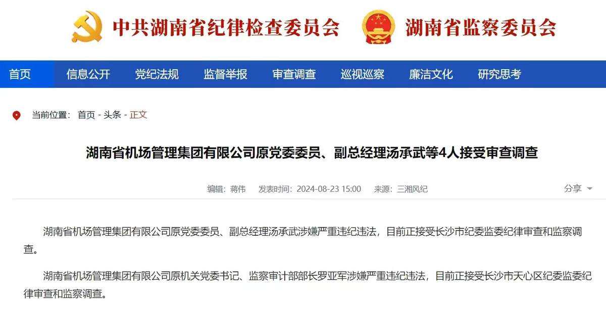 湖南省機場管理集團原副總經理湯承武等4人被查