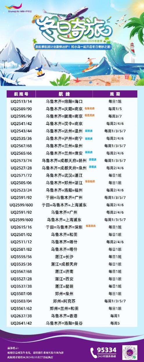 2024年冬航季，海航航空集团旗下空乌鲁木齐航新开、复飞9条航线