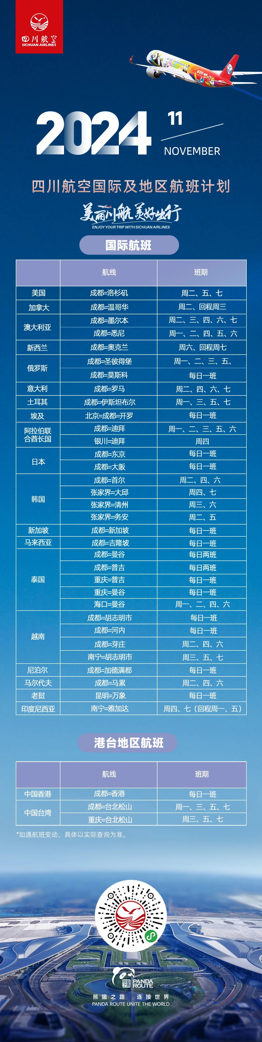 请查收！四川航空11月国际及地区航班计划