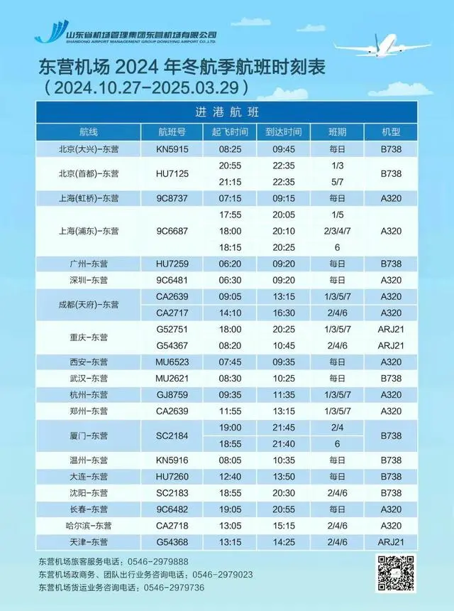 东营机场将于10月27日起执行冬航季航班计划