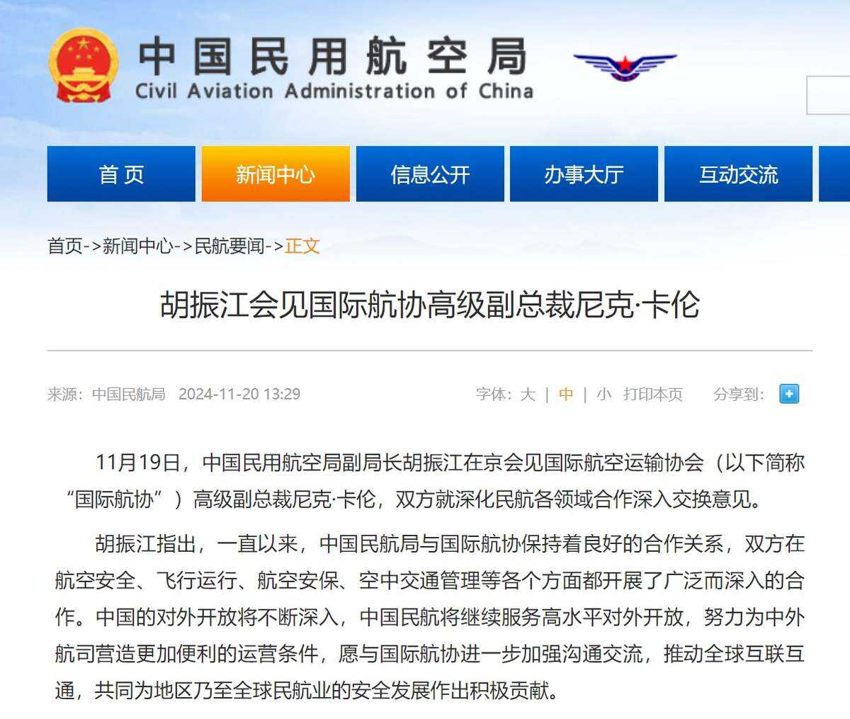 胡振江會見國際航協高級副總裁尼克·卡倫