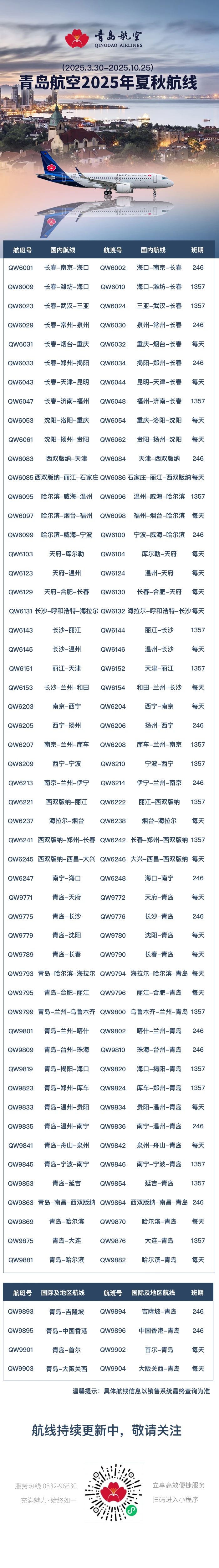 青岛航空2025年夏秋航季航线发布