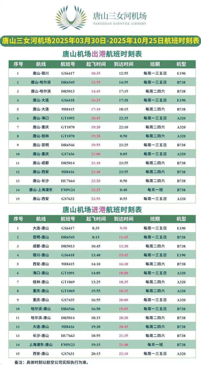 7月2日起,唐山机场将新开航线