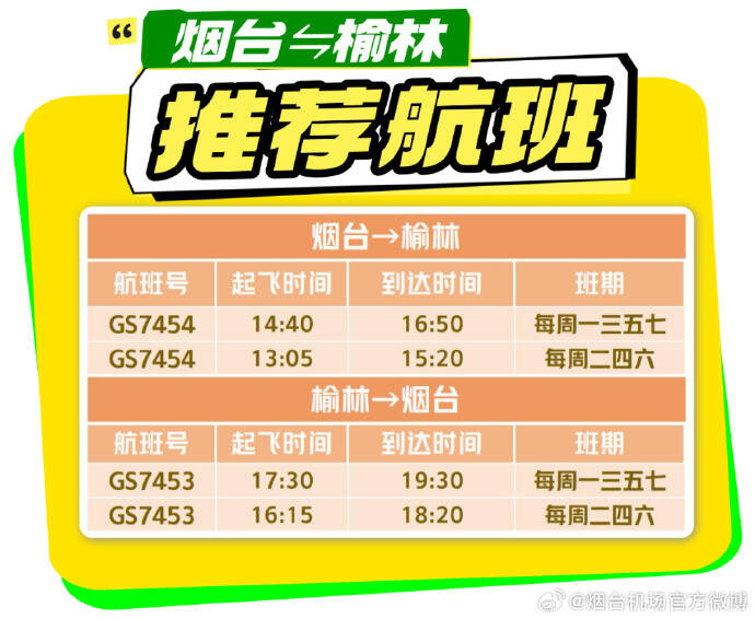 8月11日起 烟台直飞榆林航班加密至天天班