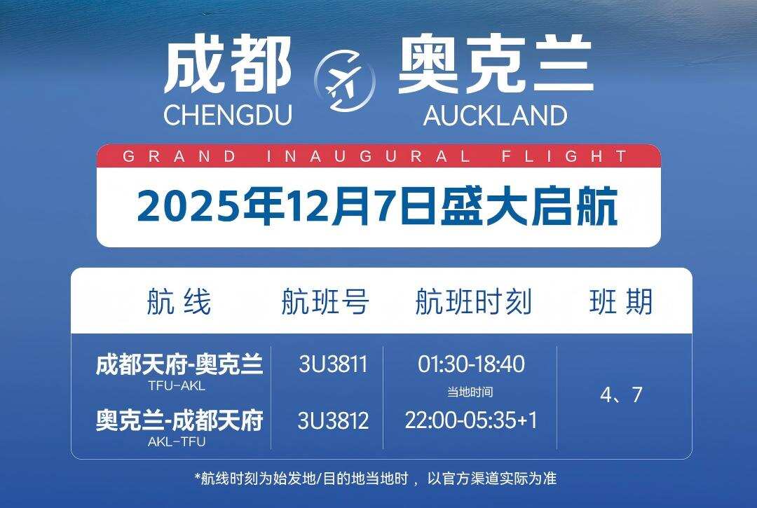 川航成都直飞奥克兰航线计划于12月7日复航