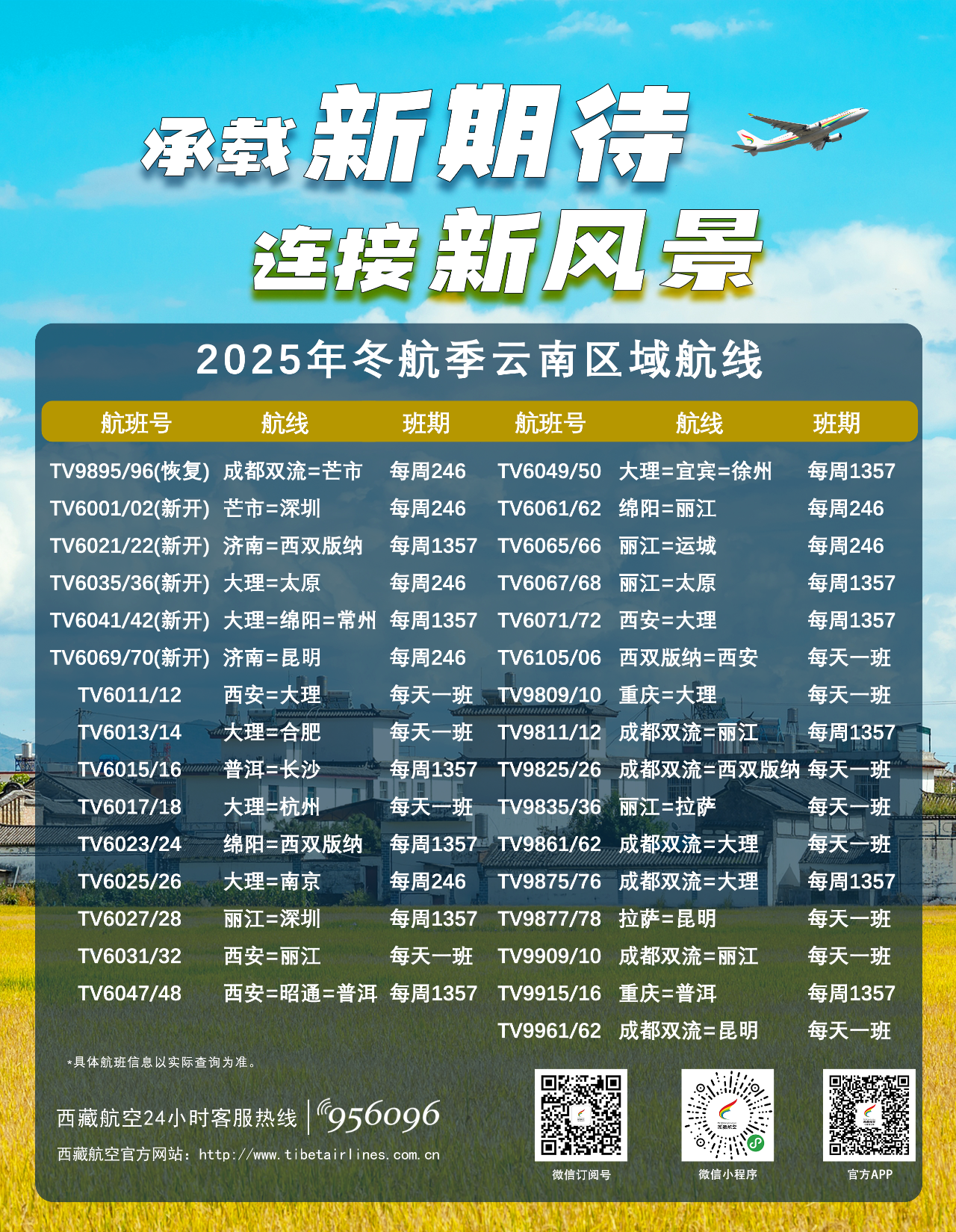 西藏航空新航季前瞻——云南航线一览