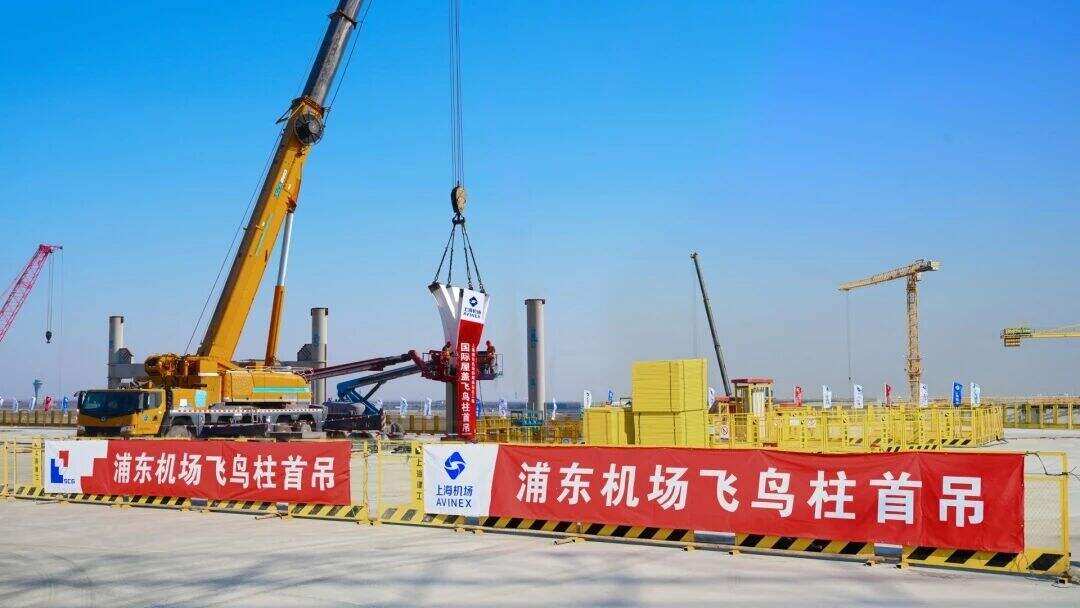 浦东机场T3航站楼首根“飞鸟柱”顺利开吊，将在航站楼内组成“飞鸟羽翼”造型