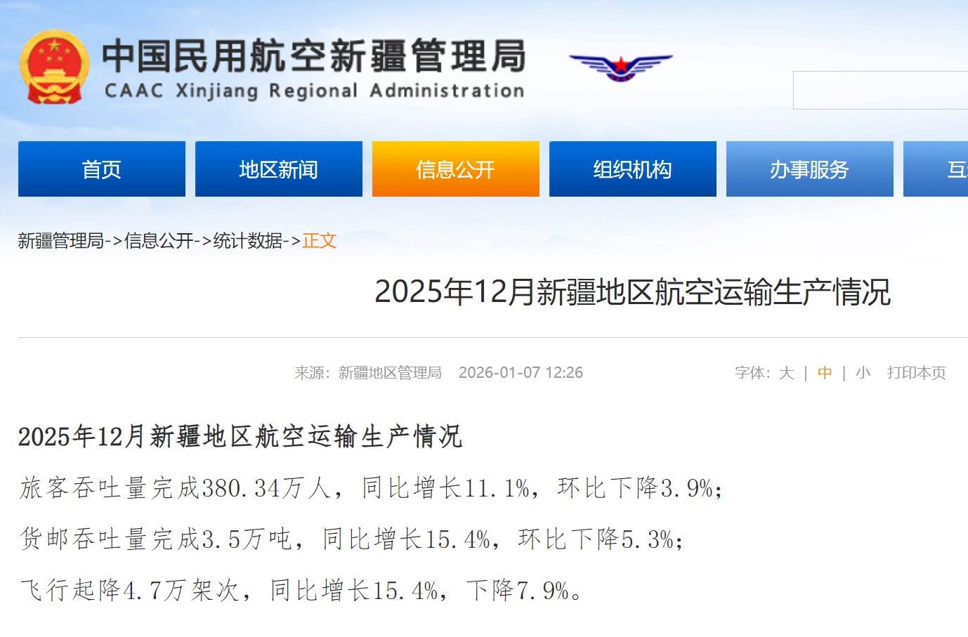 2025年12月新疆地区航空运输生产情况