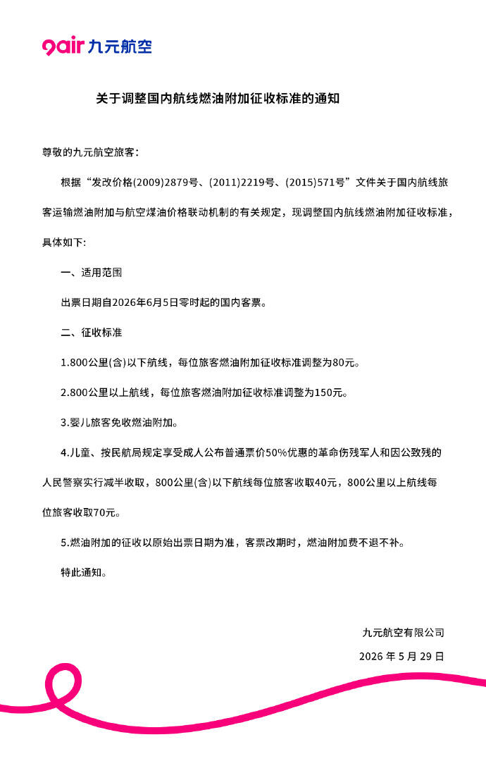 年内首次!九元航空官宣下调燃油附加费, 6 月 5 日起执行
