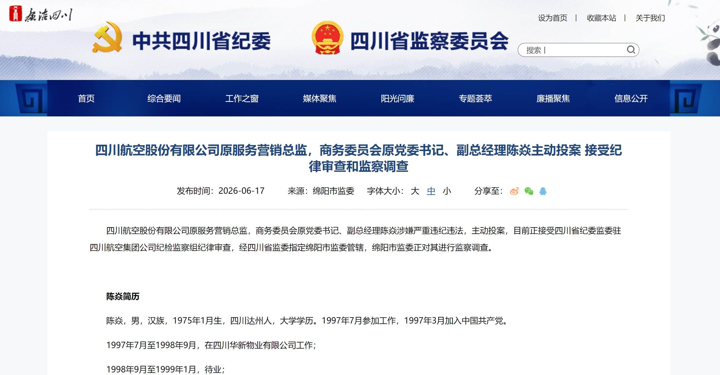 川航陈焱主动投案 接受审查调查