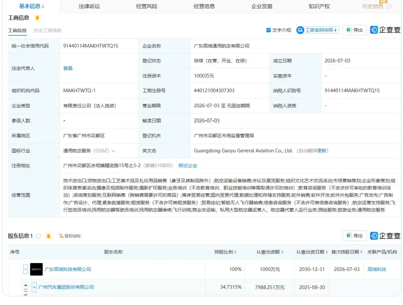 广汽集团旗下高域科技成立通用航空公司