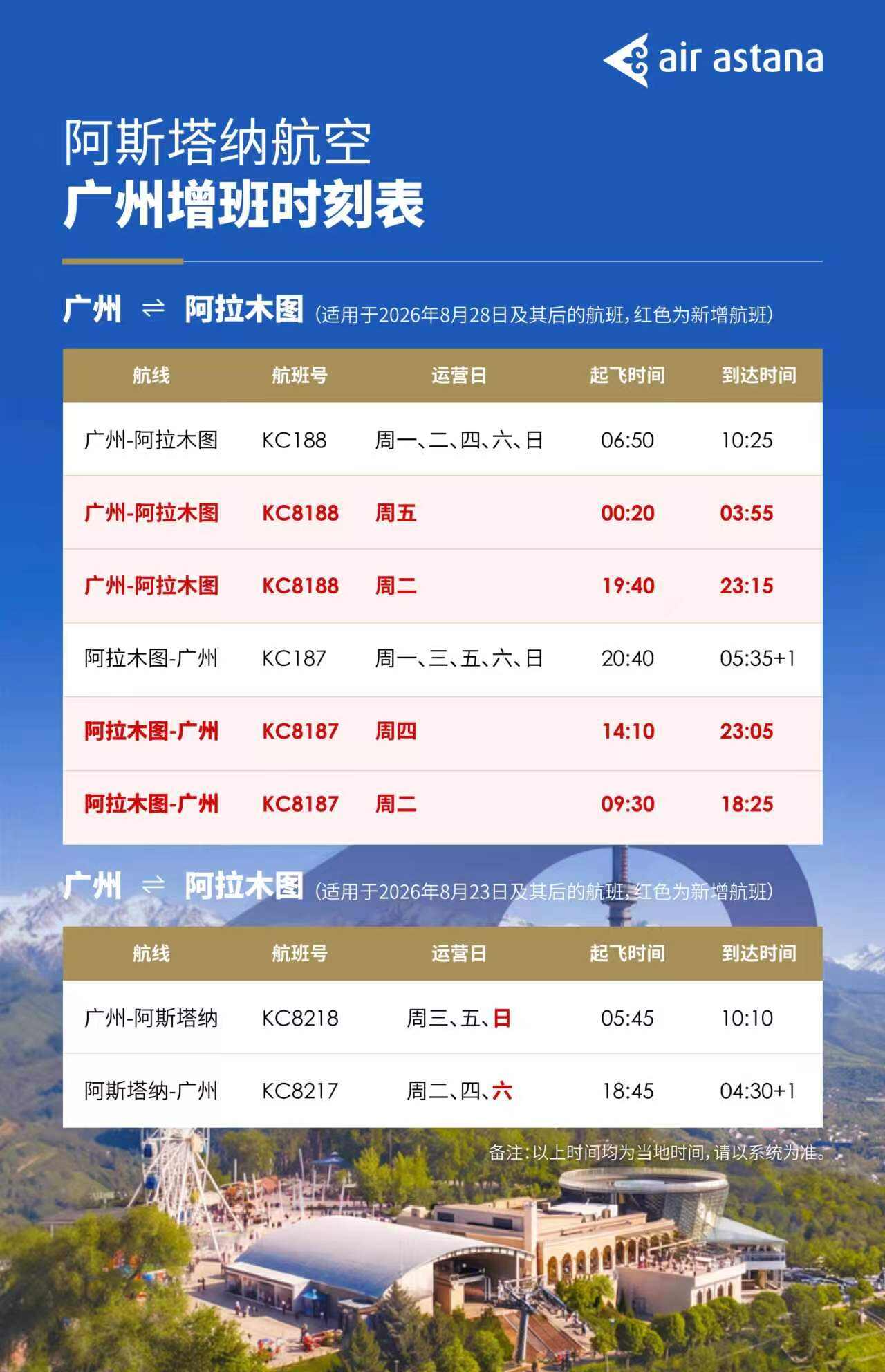 阿斯塔纳航空广州至阿拉木图、阿斯塔纳航线增班