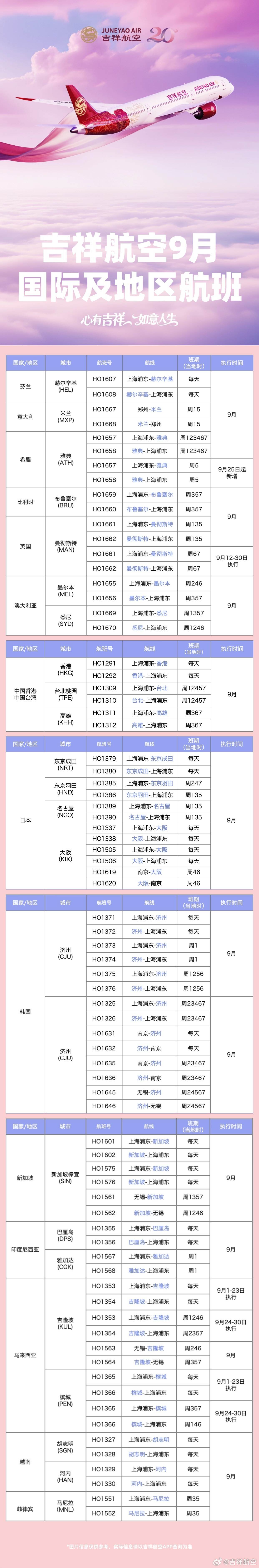 2026年9月国际及地区航班计划